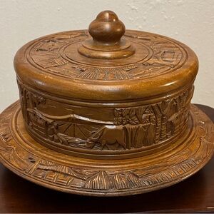Vintage Hand Carved Wooden Cake Stand With Dome Cover 16”